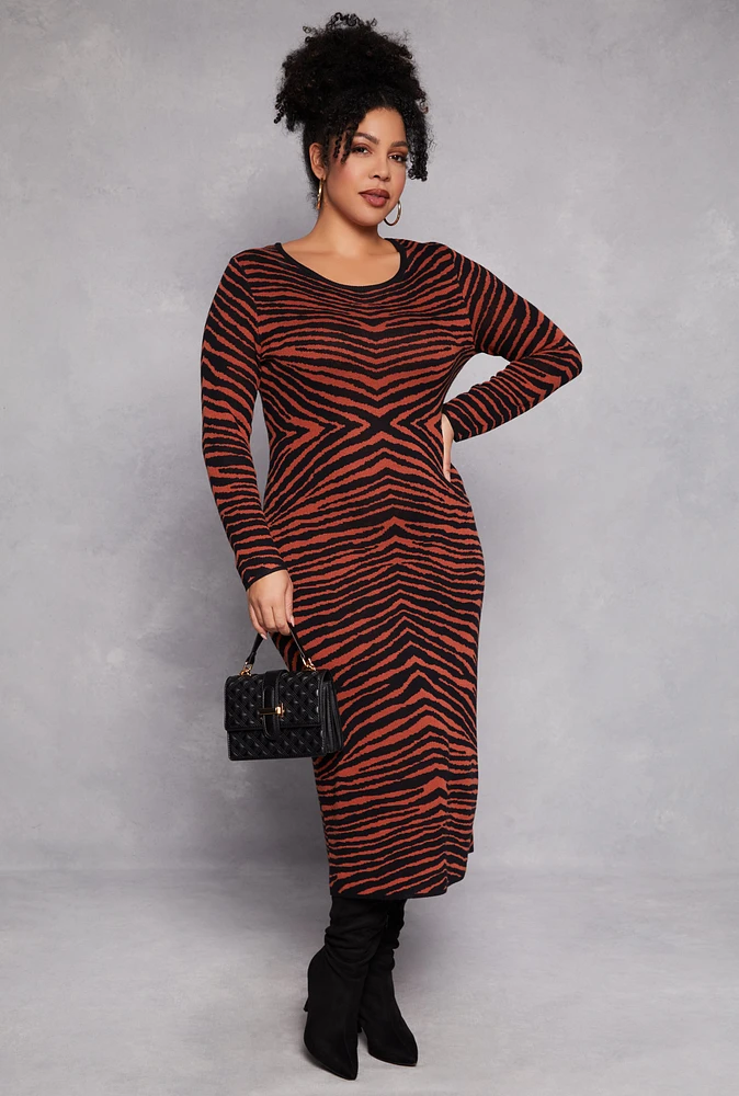 Womens Plus Almost Famous Zebra Print Sweater Dress, Brown,