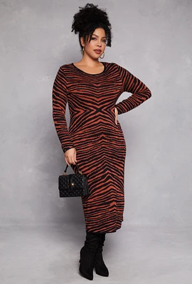 Womens Plus Almost Famous Zebra Print Sweater Dress, Brown,
