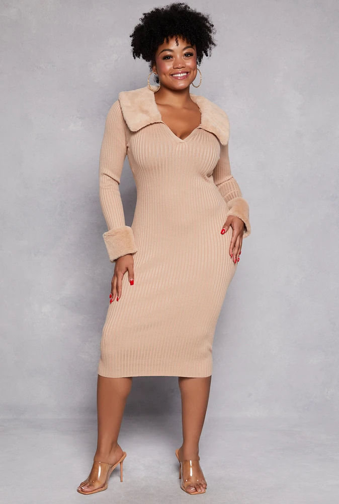 Womens Plus Size Almost Famous Faux Fur Trim Dress, Beige, Size 3X
