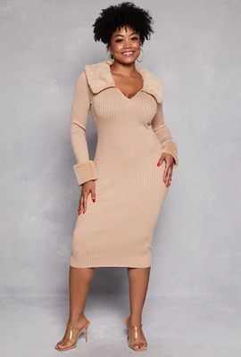 Womens Plus Size Almost Famous Faux Fur Trim Dress, Beige, Size 3X