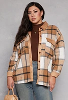 Womens Plus Size Spoon Jeans Faux Suede Trim Plaid Shacket, Beige, Size 2X