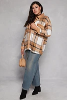 Womens Plus Size Spoon Jeans Faux Suede Trim Plaid Shacket, Beige, Size 2X