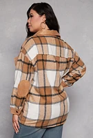 Womens Plus Size Spoon Jeans Faux Suede Trim Plaid Shacket, Beige, Size 2X