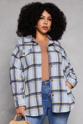 Womens Plus Size Spoon Jeans Plaid Brushed Knit Shacket, Blue, Size 2X