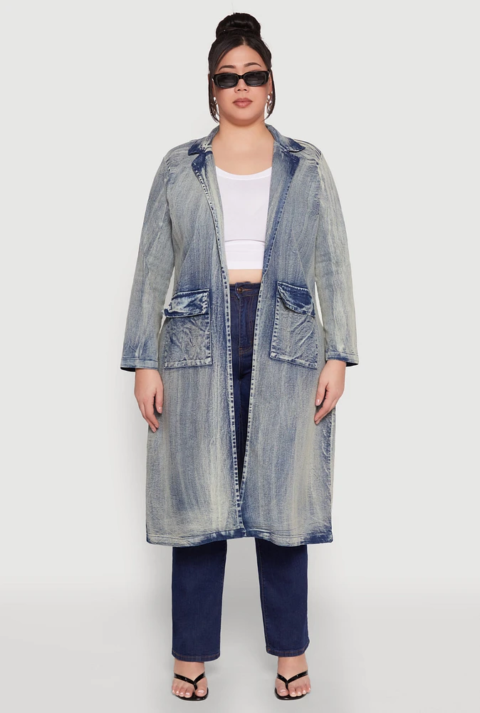 Womens Plus Size Spoon Jeans Mineral Wash Denim Coat, Blue, Size 1X