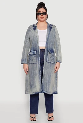 Womens Plus Size Spoon Jeans Mineral Wash Denim Coat, Blue, Size 1X