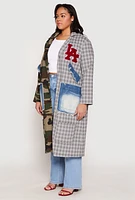 Womens Plus Size LA Chenille Patch Camo Plaid Duster, Multi, Size 2X