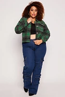 Womens Plus Spoon Jeans Plaid Cropped Shacket,