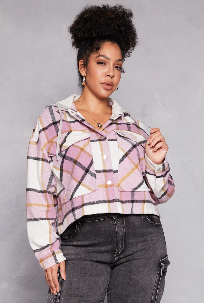 Womens Plus Size Spoon Jeans Plaid Hooded Crop Shacket, Pink, Size 3X