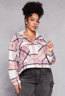 Womens Plus Size Spoon Jeans Plaid Hooded Crop Shacket, Pink, Size 3X