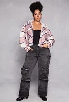 Womens Plus Size Spoon Jeans Plaid Hooded Crop Shacket, Pink, Size 3X
