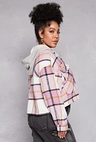 Womens Plus Size Spoon Jeans Plaid Hooded Crop Shacket, Pink, Size 3X