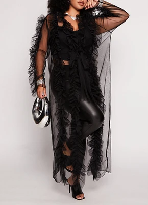 Womens Plus Size Ruffled Tulle Tie Front Duster, Black, Size 3X