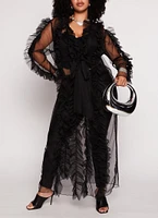 Womens Plus Size Ruffled Tulle Tie Front Duster, Black, Size 3X