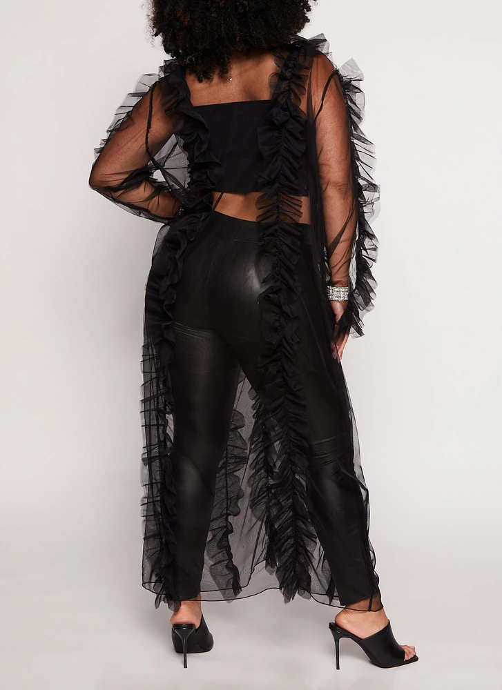 Womens Plus Size Ruffled Tulle Tie Front Duster, Black, Size 2X