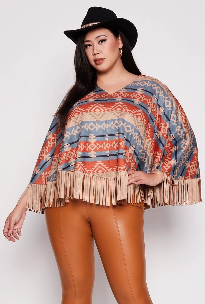 Womens Aztec Print Fringe Poncho, Multi