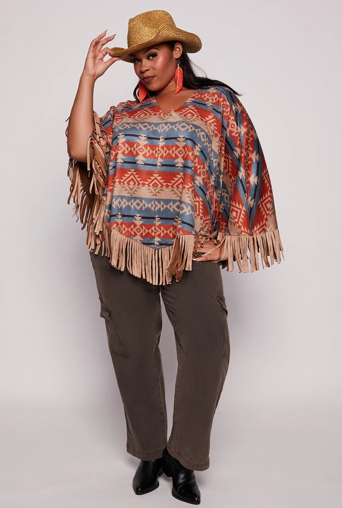 Womens Aztec Print Fringe Poncho, Multi