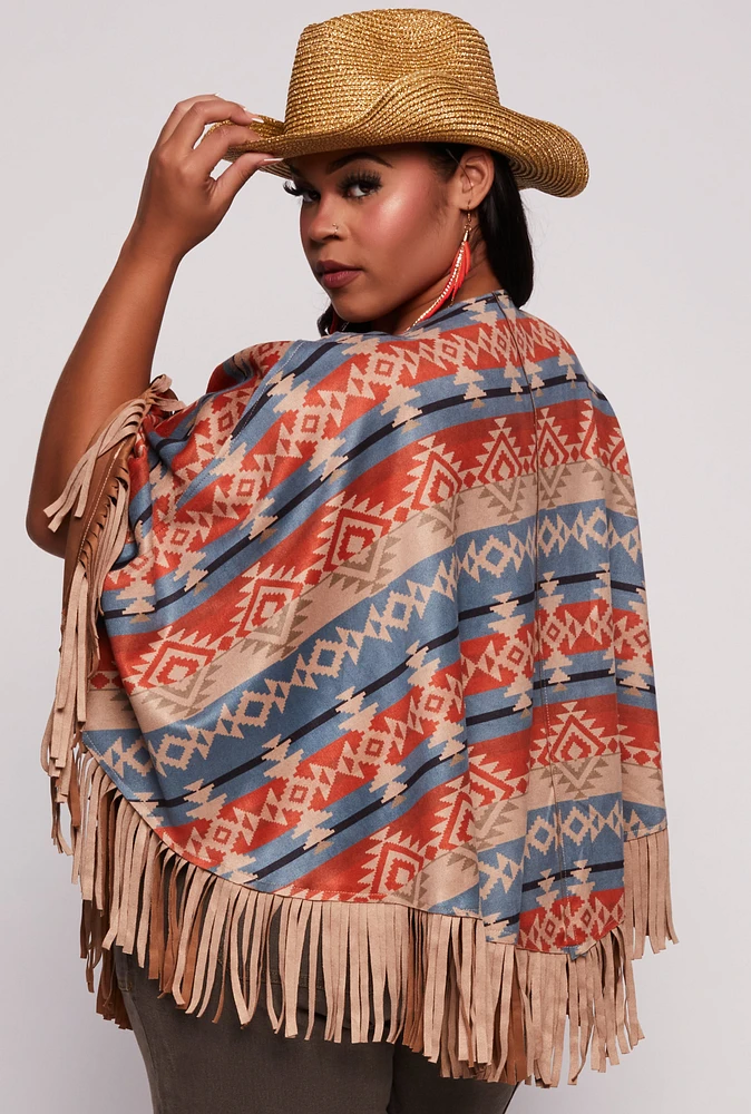 Womens Aztec Print Fringe Poncho, Multi