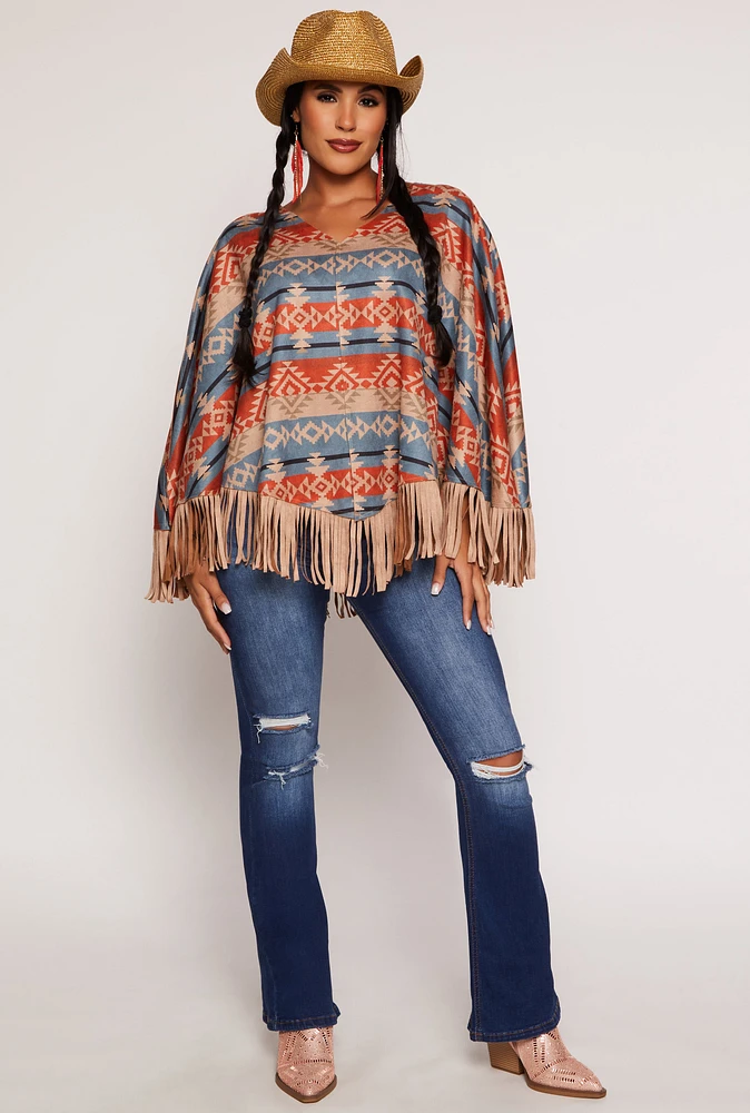 Womens Aztec Print Fringe Poncho, Multi