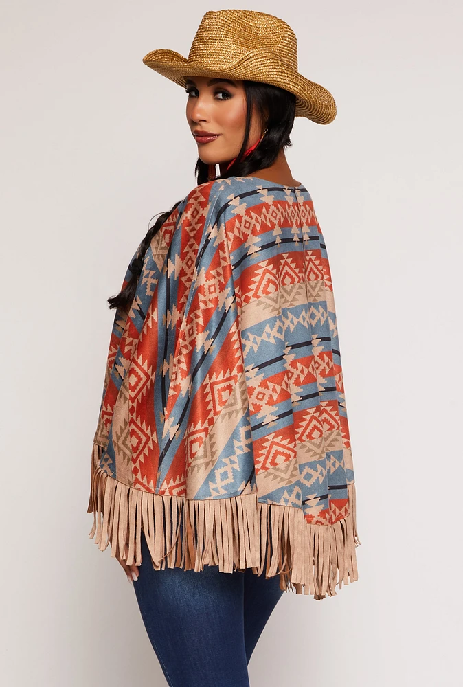 Womens Aztec Print Fringe Poncho, Multi