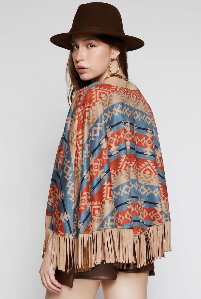 Womens Aztec Print Fringe Poncho, Multi