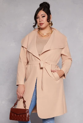 Womens Plus Size Waterfall Collar Wrap Coat, Beige, Size 3X