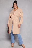 Womens Plus Size Waterfall Collar Wrap Coat, Beige, Size 3X