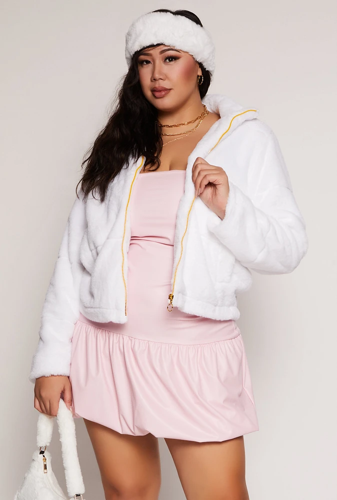 Womens Plus Size Faux Fur Zip Front Jacket, White