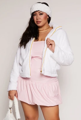 Womens Plus Size Faux Fur Zip Front Jacket, White