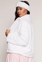 Womens Plus Size Zip Front Faux Fur Jacket, White, Size 2X