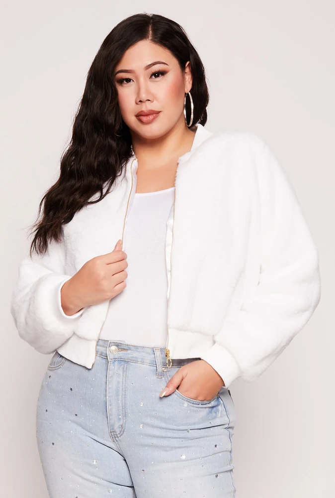 Womens Plus Size Faux Fur Bomber Jacket, White, Size 1X