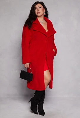 Womens Plus Size Sherpa Teddy Coat, Red, Size 2X