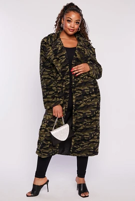 Womens Plus Size Patterned Teddy Coat, Green, Size 2X