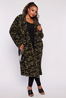 Womens Plus Size Patterned Teddy Coat, Green, Size 2X