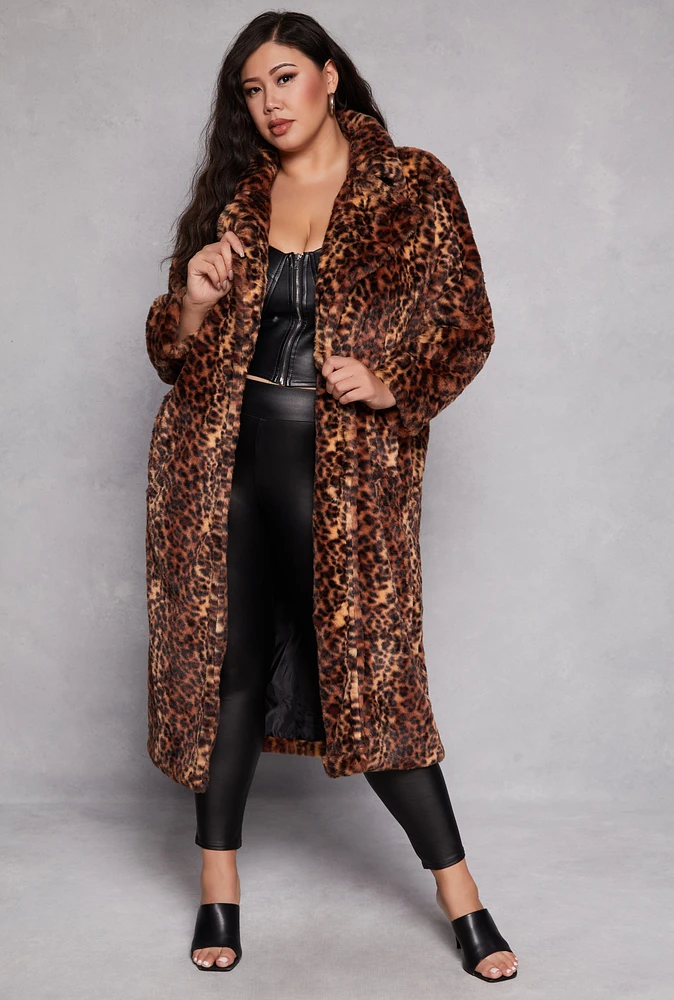 Womens Plus Size Leopard Print Faux Fur Coat, Brown, Size 2X