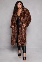 Womens Plus Size Leopard Print Faux Fur Coat, Brown, Size 2X