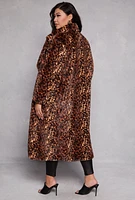 Womens Plus Size Leopard Print Faux Fur Coat, Brown, Size 2X