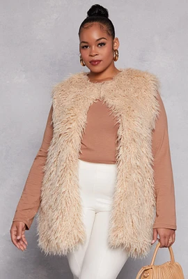 Womens Plus Size Shaggy Faux Fur Vest, Beige, Size 3X