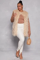 Womens Plus Size Shaggy Faux Fur Vest, Beige, Size 3X