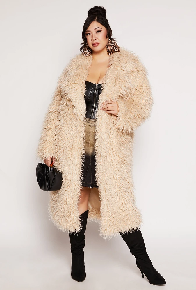 Womens Plus Size Shaggy Faux Fur Long Coat, Beige, Size 3X