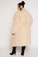 Womens Plus Size Shaggy Faux Fur Long Coat, Beige, Size 3X