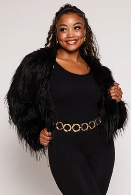 Womens Plus Size Cropped Shaggy Faux Fur Jacket, Black, Size 3X