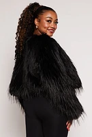 Womens Plus Size Cropped Shaggy Faux Fur Jacket, Black, Size 3X