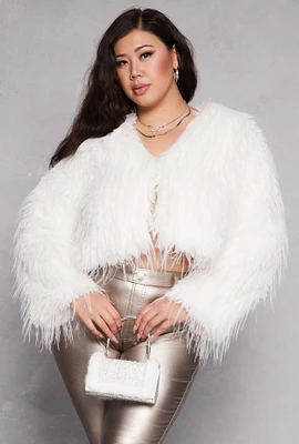 Womens Plus Size Cropped Shaggy Faux Fur Jacket, White, Size 1X