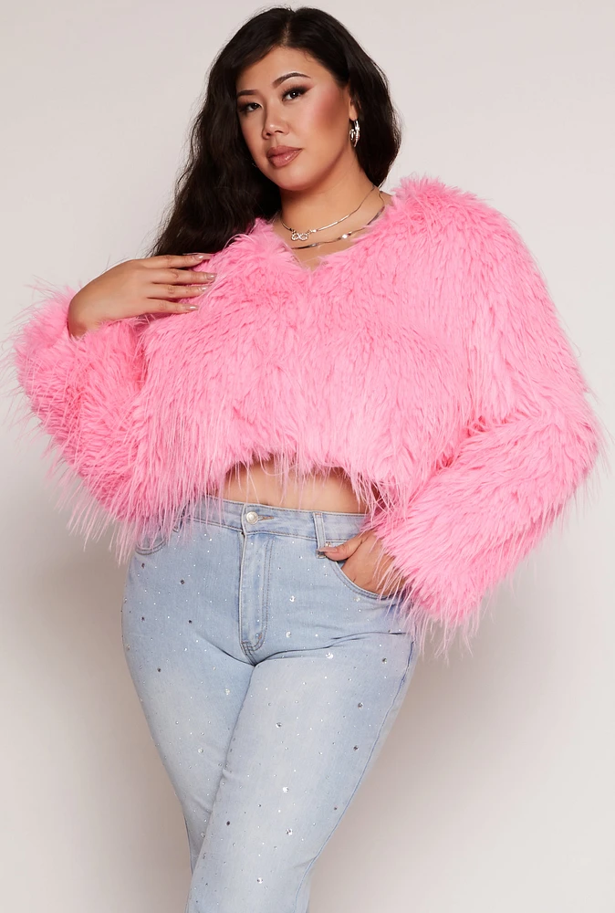 Womens Plus Size Cropped Shaggy Faux Fur Jacket, Pink, Size 3X