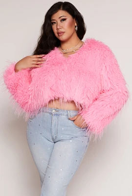 Womens Plus Size Cropped Shaggy Faux Fur Jacket, Pink, Size 3X