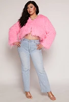 Womens Plus Size Cropped Shaggy Faux Fur Jacket, Pink, Size 3X