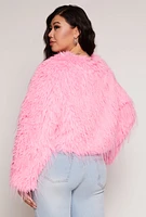 Womens Plus Size Cropped Shaggy Faux Fur Jacket, Pink, Size 3X