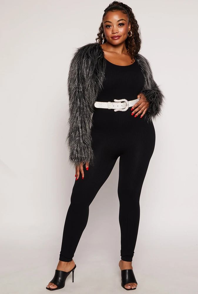 Womens Plus Size Shaggy Faux Fur Bolero Jacket, Black, Size 1X