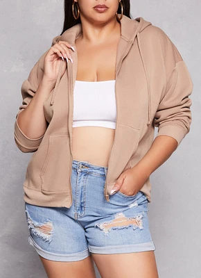 Womens Plus Size Solid Zip Front Hoodie, Beige, Size 2X